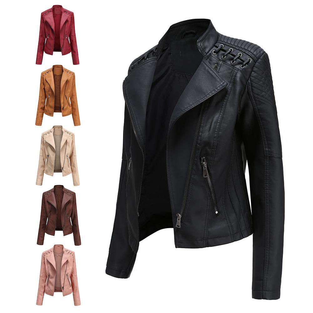 Women Fashion Lace-up Leather Jacket Slim Fit Spring Autumn Motorcycle Zipper J
