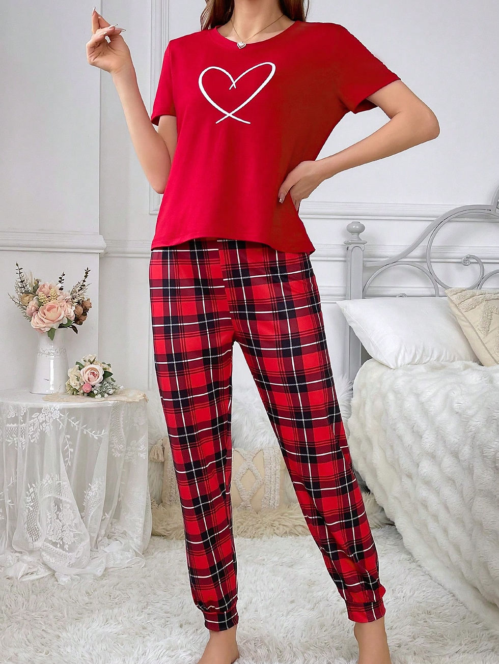 Thumbnail: Heart Print Short Sleeve Top & Plaid Pants Pajama Set