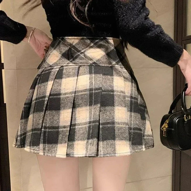 Thumbnail: DEEPTOWN Winter Plaid Skirt Women Vintage Woolen Korea Dongdaemun 2023 Preppy C
