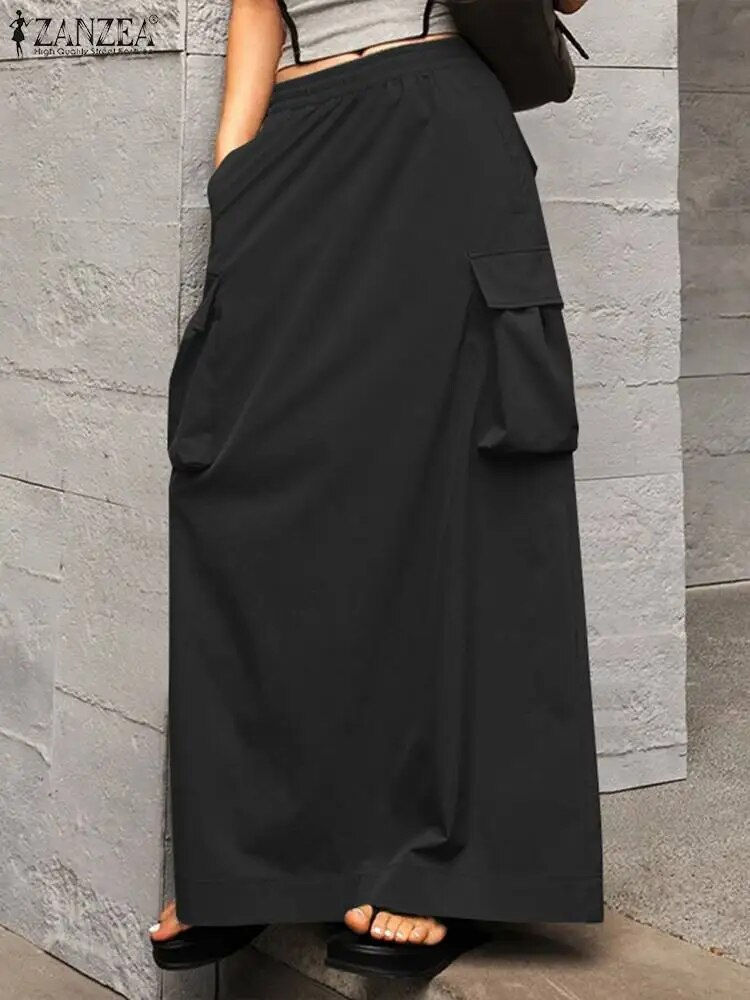 ZANZEA Women Elastic Waist Jupes Vintage Cargo Maxi Skirts Casual Loose Big Poc