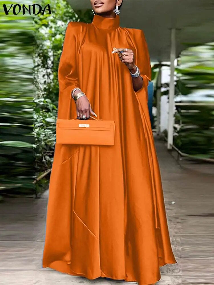 الصورة المصغرة: Plus Size 5XL VONDA 2023 Women Stand Collar Elegant Satin Dress Long Bat Sleeve