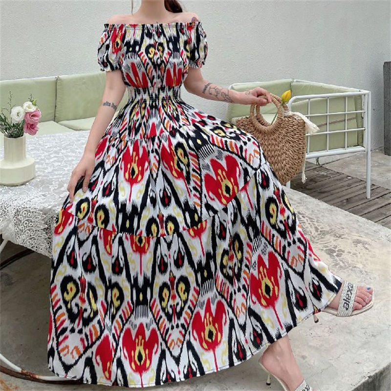 Thumbnail: Women's Bohemian Style Beach Maxi Long Dress Floral Cotton Off Shoulder Round N