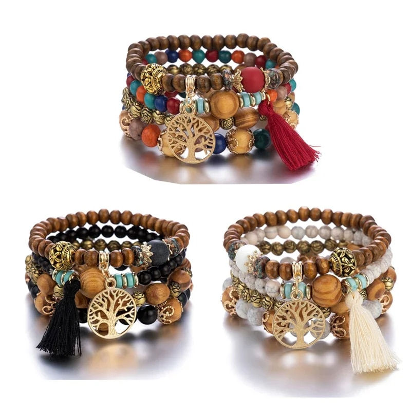 섬네일: 4Pcs Bohemia Tree of Life Charm Beaded Bracelet Set for Women Tassel Multi Laye