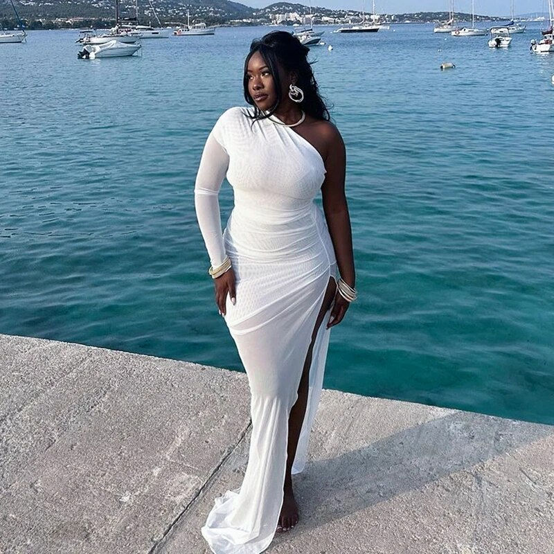 Miniaturebillede: CUTENOVA Women Slash Neck one Shoulder Patchwork Mesh Dress Low waist sheer Sex
