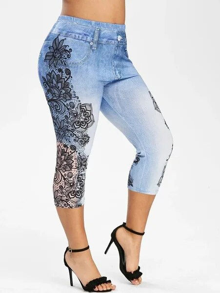 Miniatura: Women's Printed Denim Sportswear Leggings Oversized Hip Lifting Yoga Pants Plus