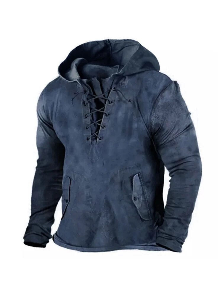 Thumbnail: Men's Pollover Hoodie 2023 Autumn New Long Sleeve Drawstring Retro Cotton Casua
