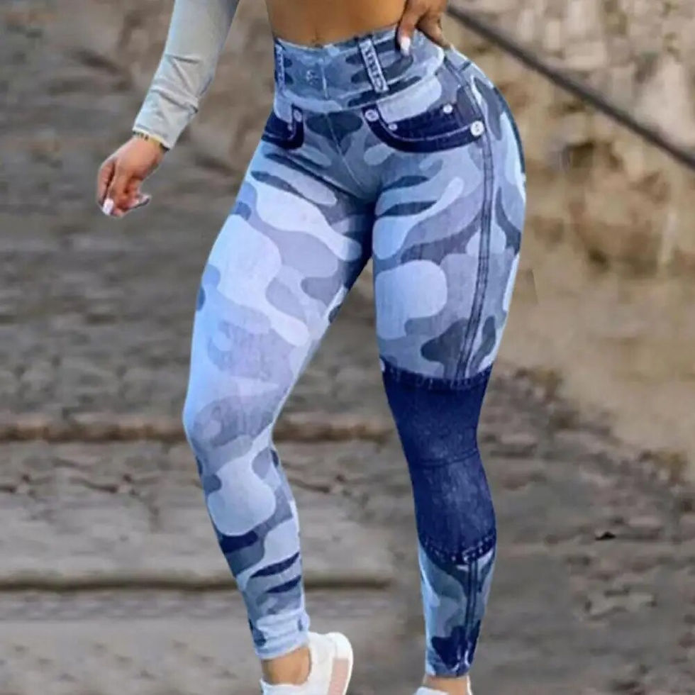 Miniatiūra: Women High Waist Faux Jeans Leggings Camouflage Print Seamless Camo Skinny Yoga