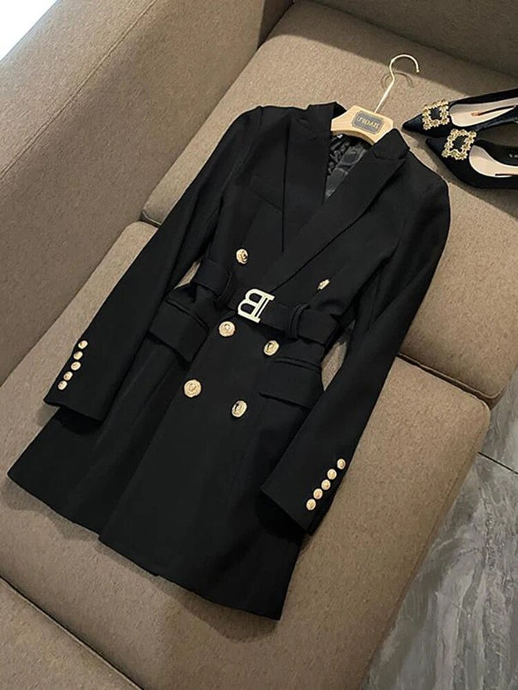 Office Lady Double Breasted Blazer Dress Women Spring Notched Long Sleeve White