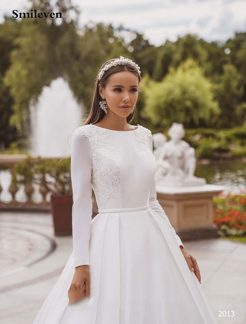 Thumbnail: Smileven Elegant Satin Wedding Dresses Long Sleeve Lace Bride Gown Muslim Weddi