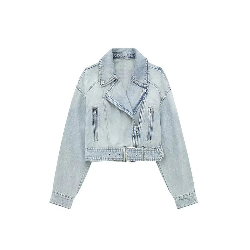 Nlzgmsj Women 2024 Autumn Winter Denim Coat Lapel Long Sleeve Short Jackets Lad