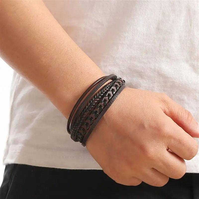 Thumbnail: Classic Hand-Woven Leather Bracelet 19/21/23cm Multilayer Leather Men Bracelets