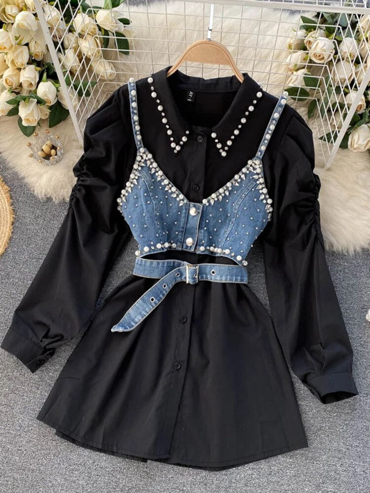 Thumbnail: Spring Autumn New Temperament Blouse Female Lapel Beaded Stacking Bead Blusa Sl