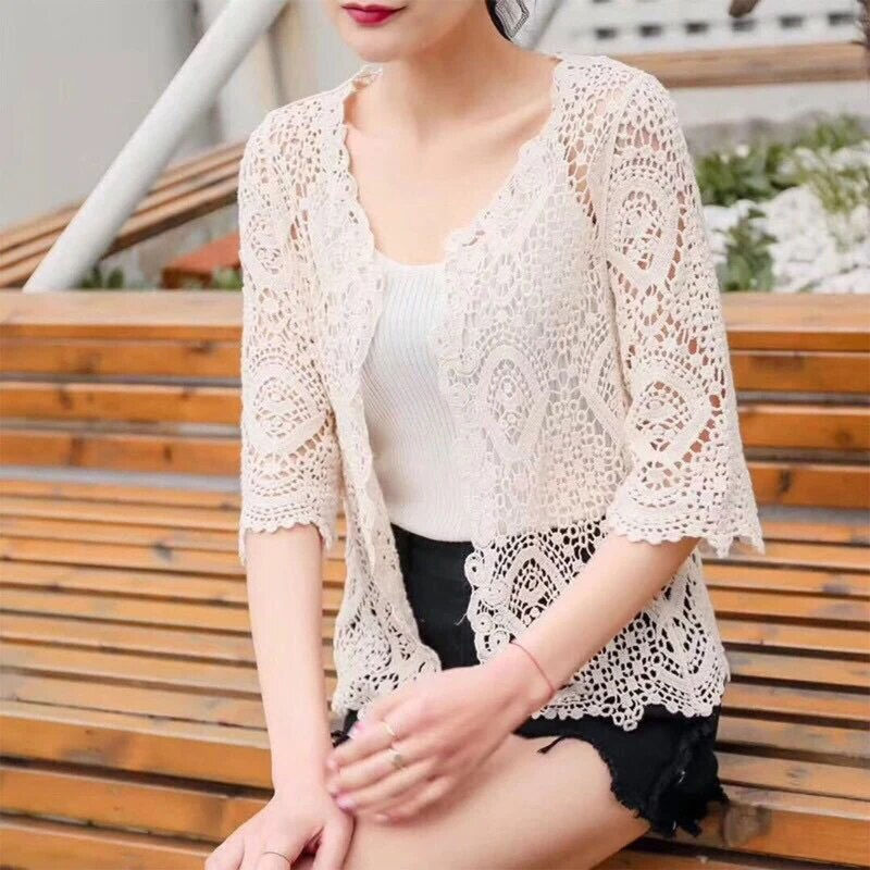 Thumbnail: Women Summer Knitted Lace Shrug Boho Hollow Crochet Floral 3/4 Sleeves Open Fro