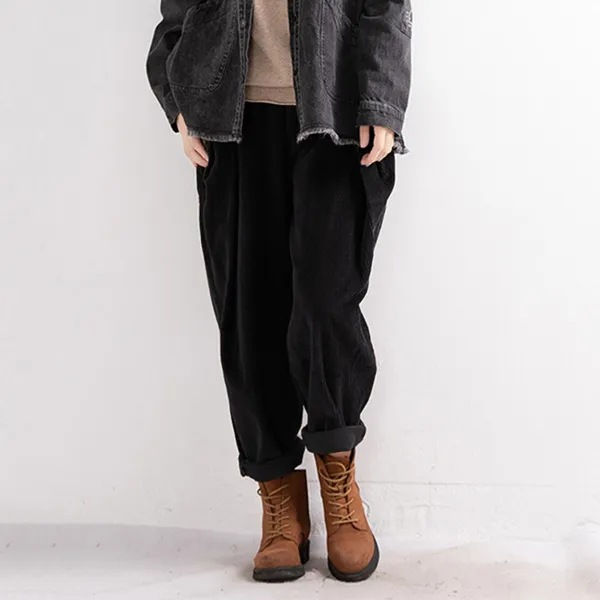 Thumbnail: Women's Fashion Corduroy Elastic Waist Solid Color Pocket Casual Pants Harem Lo