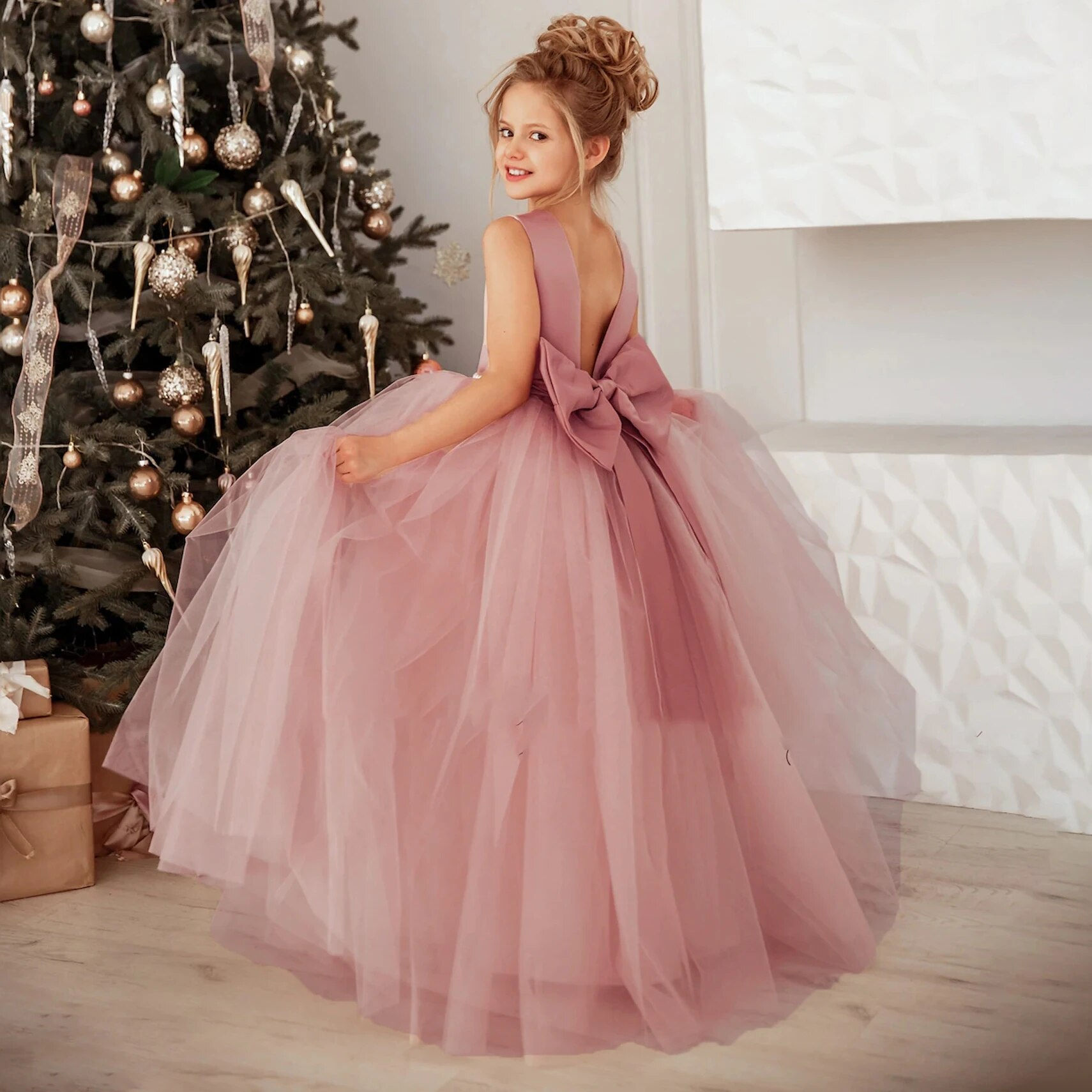 Big Bow Girls Bridesmaids Dress Long White Wedding Party Prom Pageant Princess