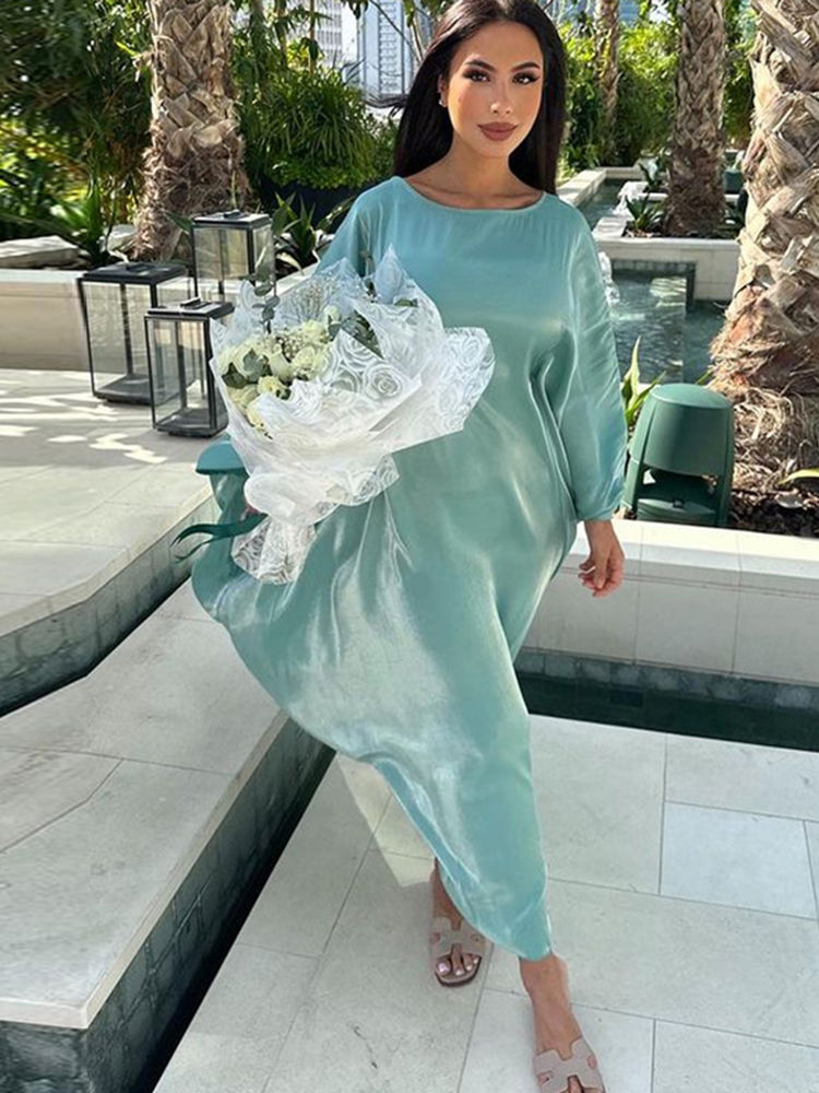 Miniaturebillede: Fashion Glossy Gauze Muslim Kimono Abaya O-neck Maxi Robe Women 2024 Spring Sum