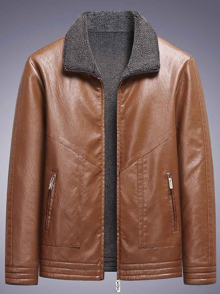 Miniatura: Faux Leather Biker Jacket with Faux Fur Trim for Men, Cashmere Blend Sleeves an