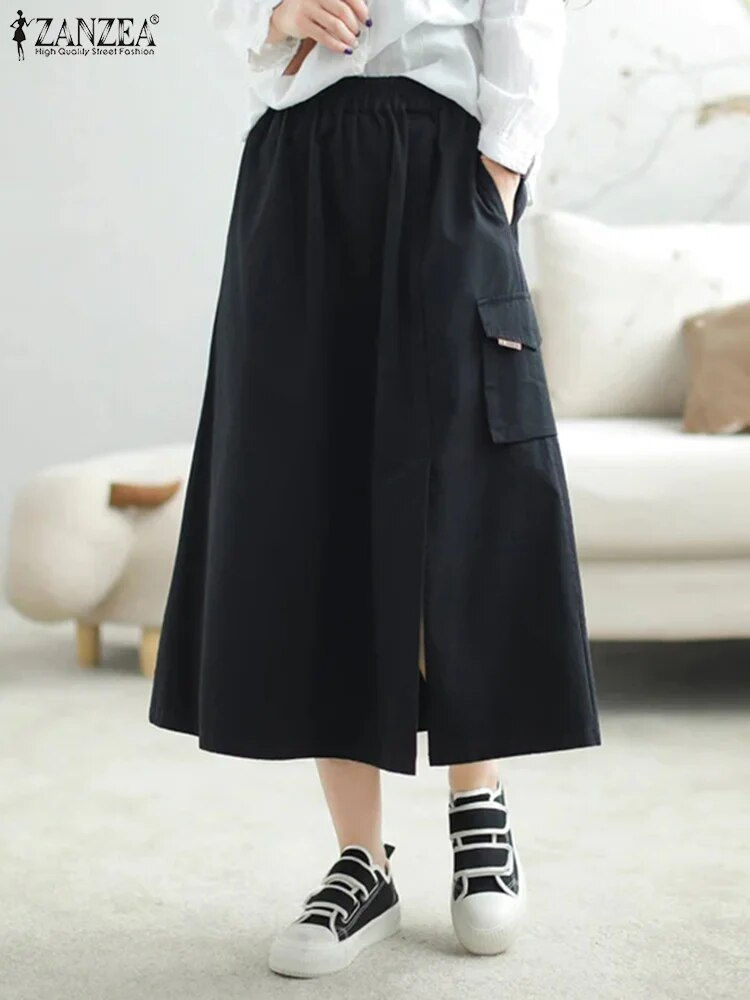 Thumbnail: ZANZEA Women Cargo Loose Jupes 2024 Vintage Elegant Maxi Skirts Office Big Pock