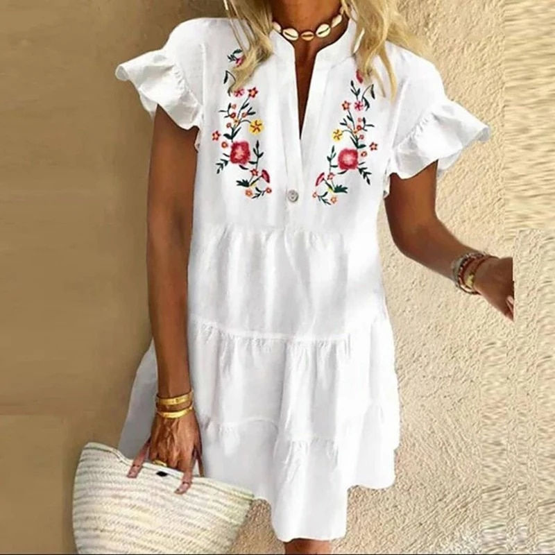 Thumbnail: Casual Mini Dress Woman V Neck Summer Dress 2023 Vintage Print Patchwork Loose 