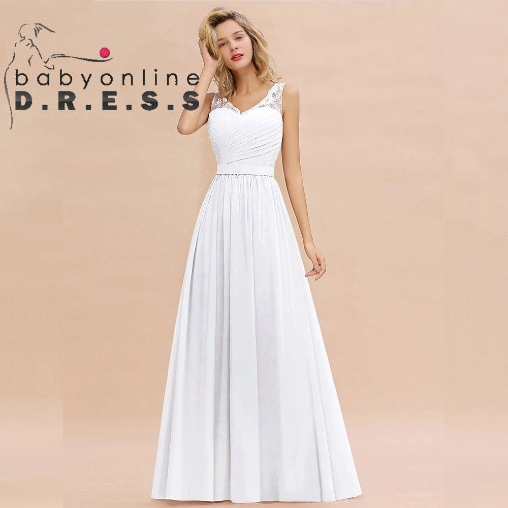 BABYONLINE Boho Wedding Dress V-neck Pleated Bodice See-through Lace Cap Sleeve