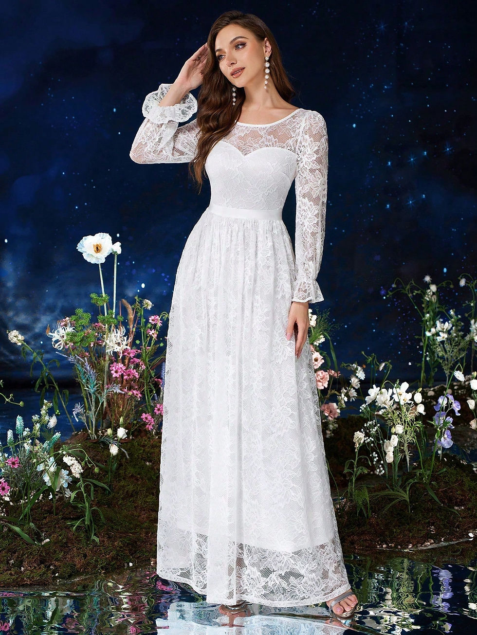 Thumbnail: MIUSOL Full Floral Lace White Wedding Formal Maxi Dress