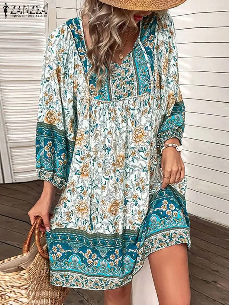 Thumbnail: ZANZEA V-Neck Short Sleeve Floral Printed Sundress Women Summer Bohemian Dress