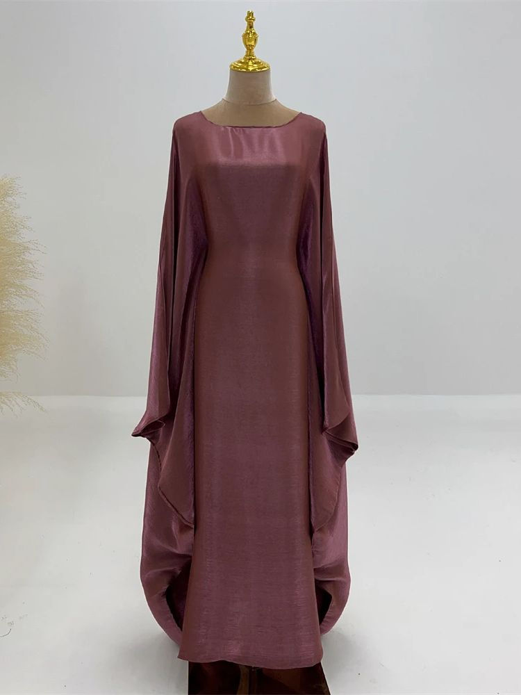 Thumbnail: Batwing Butterfly Sleeve Satin Khimar Abaya Dubai Muslim Maxi Dress Kaftan Abay