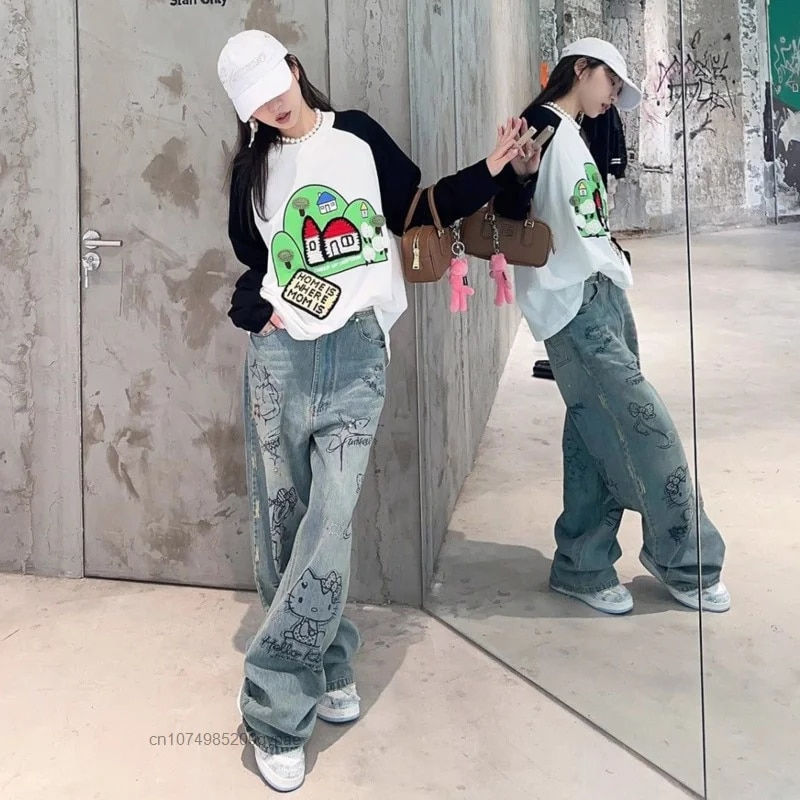 Μικρογραφία: Sanrio Hot Diamond Hello Kitty Graffiti Women Jeans American High Street Y2k Gi