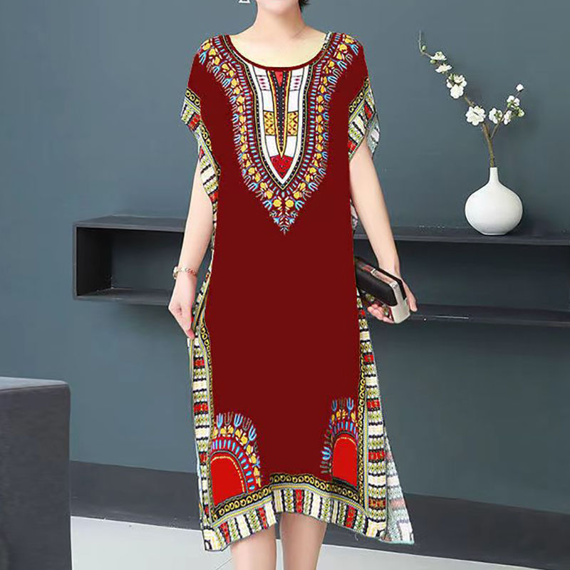 ภาพขนาดย่อ: Elegant Retro Women's O-Neck Straight H Dress Ethnic Printed Short Batswing Sle