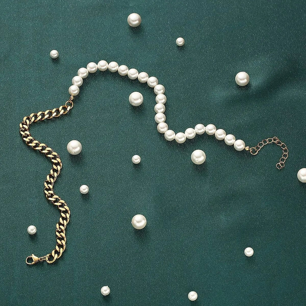 Thumbnail: Half Pearl Half Chain Necklace Men Women Silver Gold Color Cuban Link Stainless