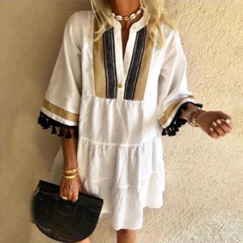 Thumbnail: Casual Mini Dress Woman V Neck Summer Dress 2023 Vintage Print Patchwork Loose 