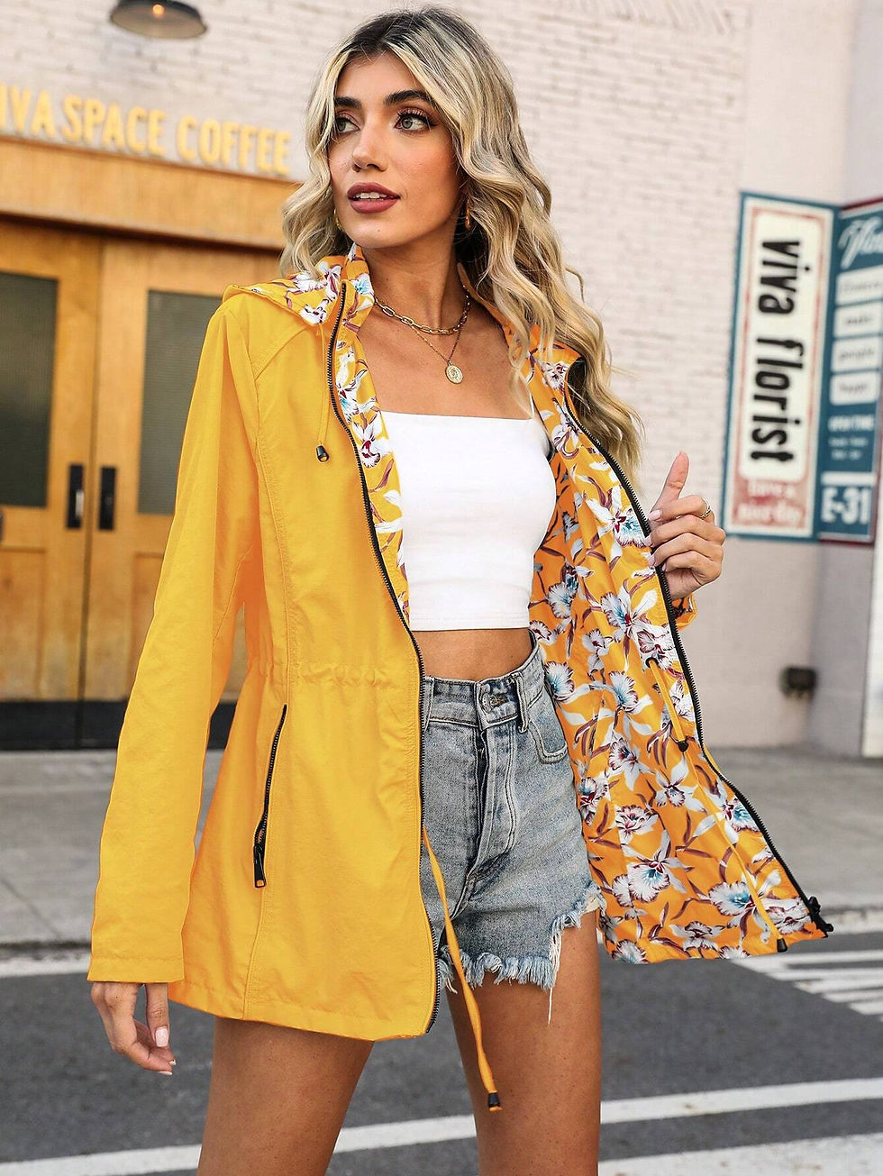 Thumbnail: Floral Print Drawstring Waist Double Face Hooded Coat