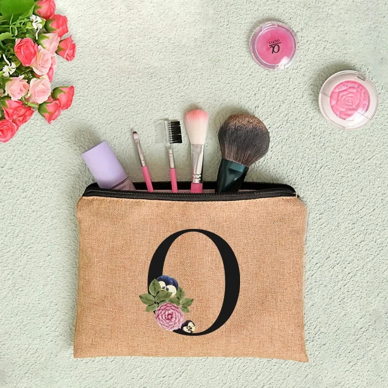 Miniatura: Floral Letter Print Women Linen Zipper Pouch Travel Organizer Case Mujer Bolsas