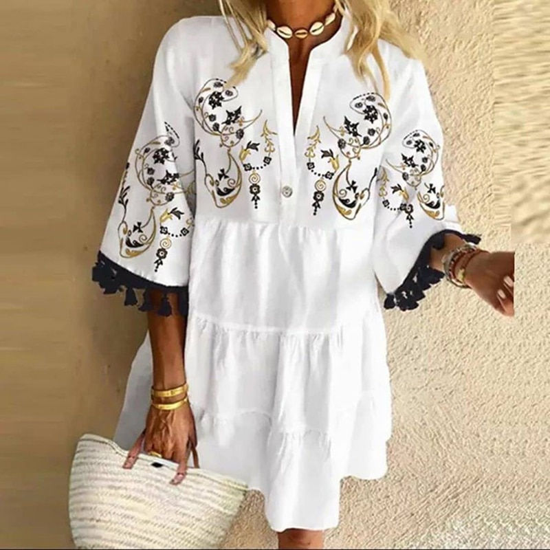 Thumbnail: Casual Mini Dress Woman V Neck Summer Dress 2023 Vintage Print Patchwork Loose 