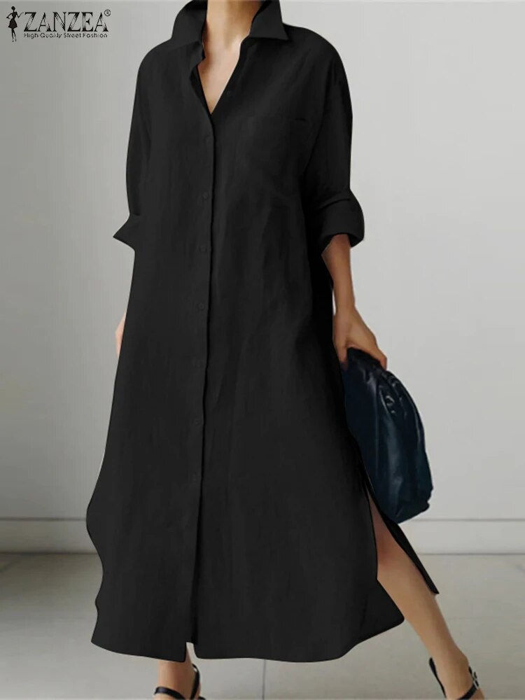 Miniaturebillede: ZANZEA Fashion Solid Color Dress Lapel Neck Long Sleeve Shirtdress Spring Women