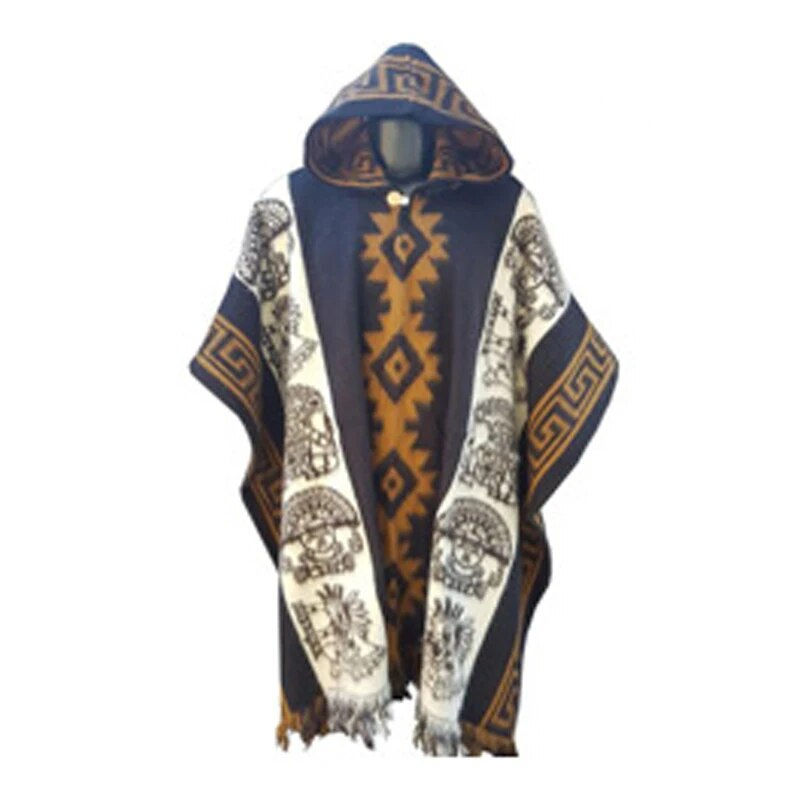 Thumbnail: Men's Retro Casual Loose Hooded Knitted Shawl Ethnic Totem Long Wind Shoulder C