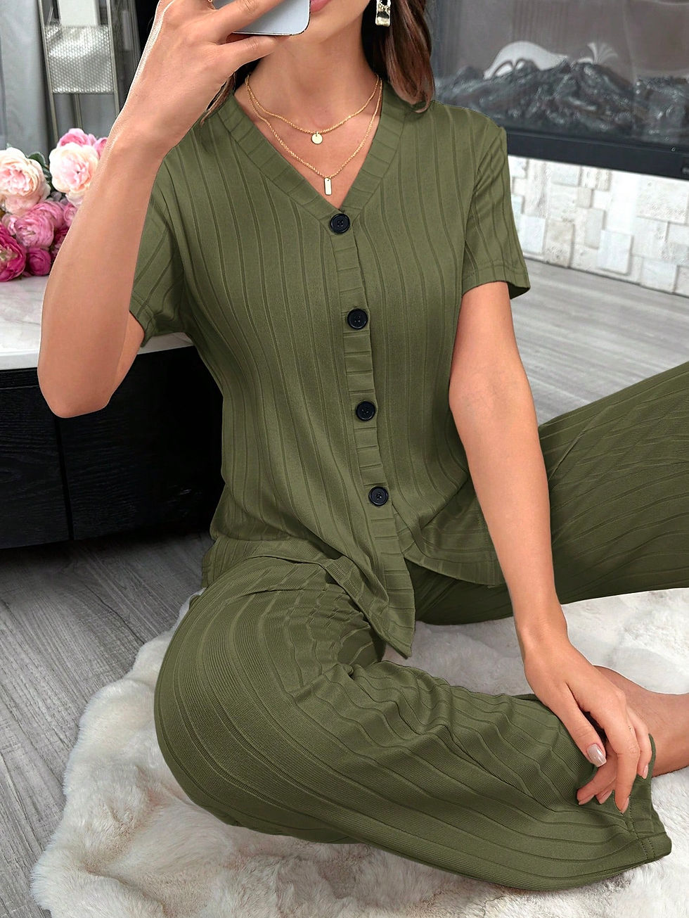 Thumbnail: Solid Color Short-Sleeve Open-Front And Long Pant Home Clothes Suit