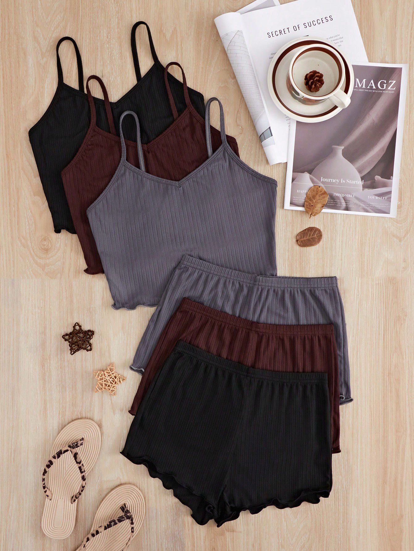 3pcs Lettuce Trim Cami Top & 3pcs Shorts Lounge Set