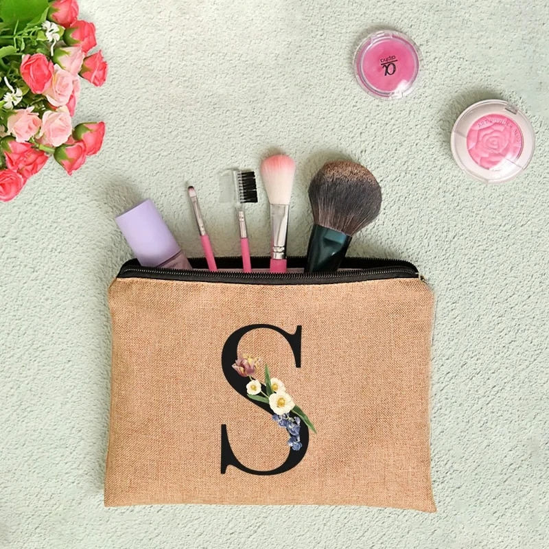 Miniatura: Floral Letter Print Women Linen Zipper Pouch Travel Organizer Case Mujer Bolsas