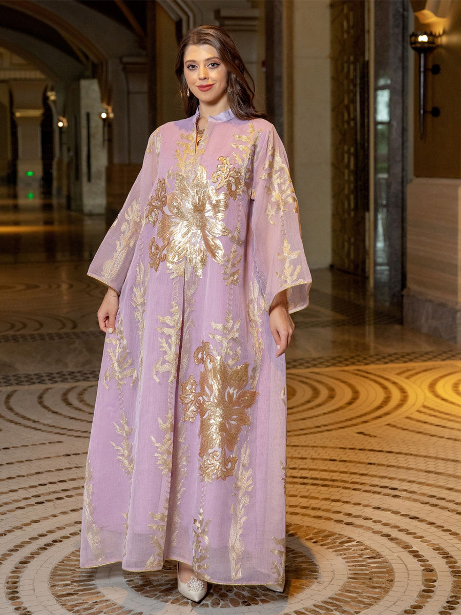 Thumbnail: Siskakia Sequins Embroidered Abaya Dress For Women Moroccan Kaftan Turkey Arabi