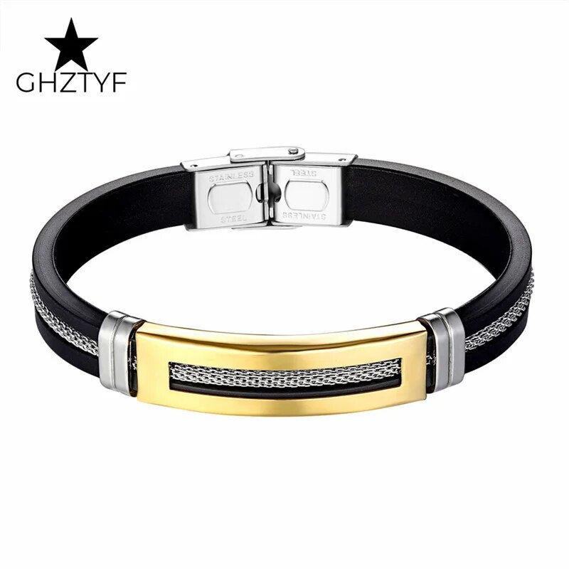 Thumbnail: Golden Chain Stainless Steel Bracelets for Men Women Teens Black Rubber Belt Wr
