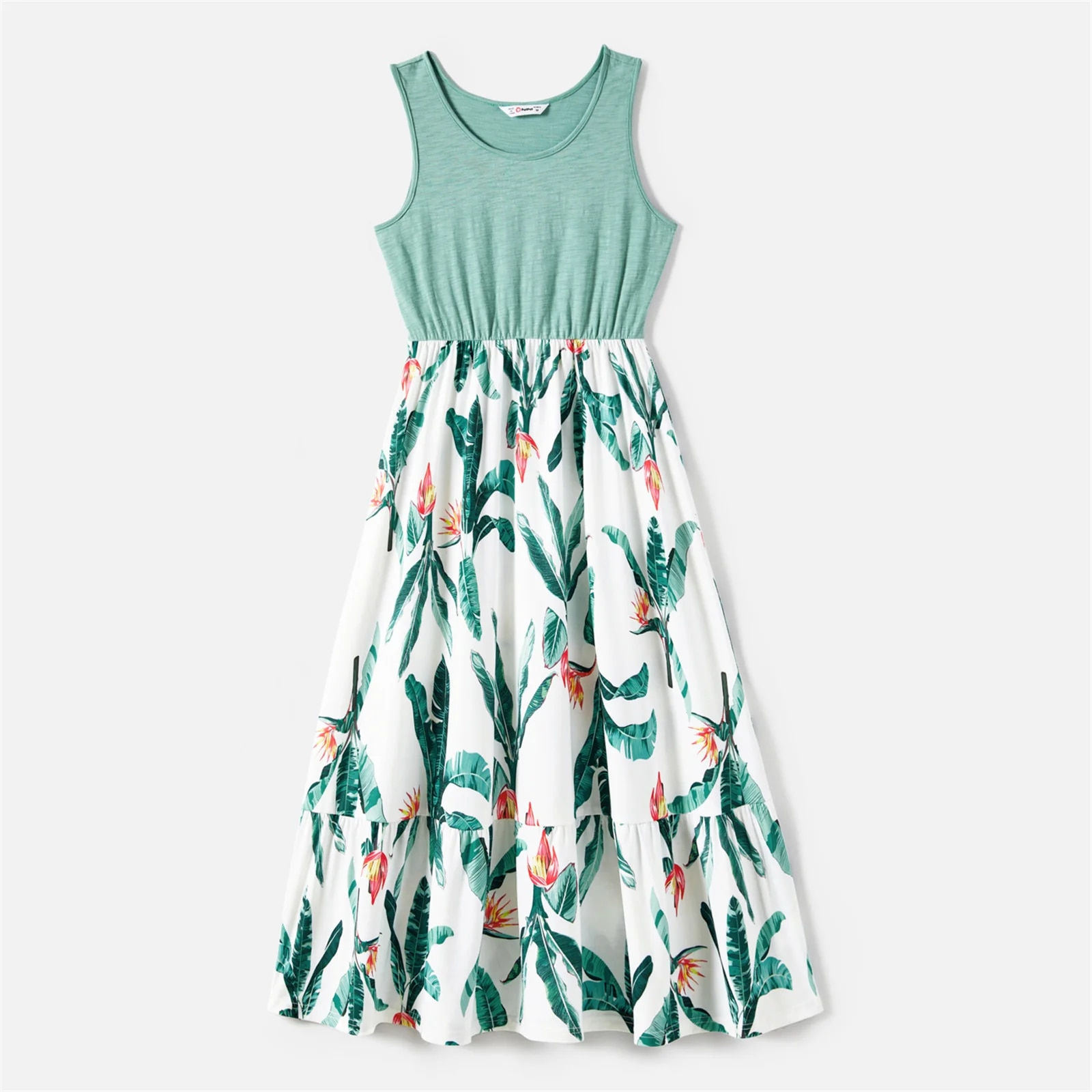 PatPat Family Matching Outfits Plant Print Panel Ruffle Hem Tank Dresses and Sh