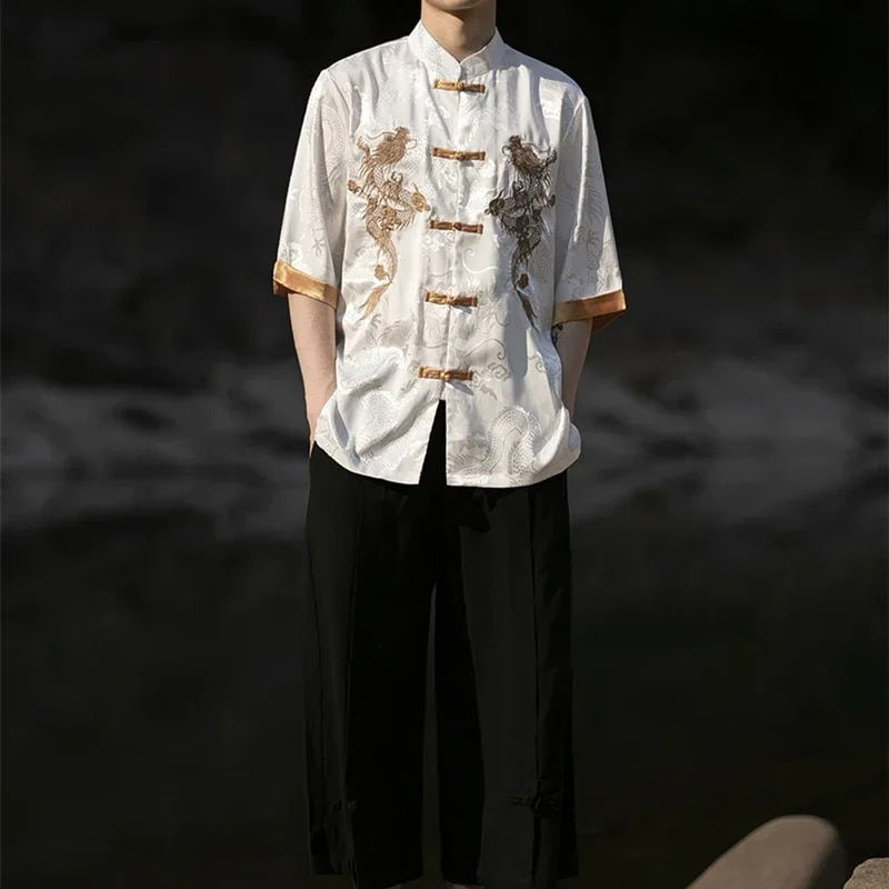 Thumbnail: Summer Chinese Traditional Dress Plus Size High Quality Dragon Embroidery Shirt