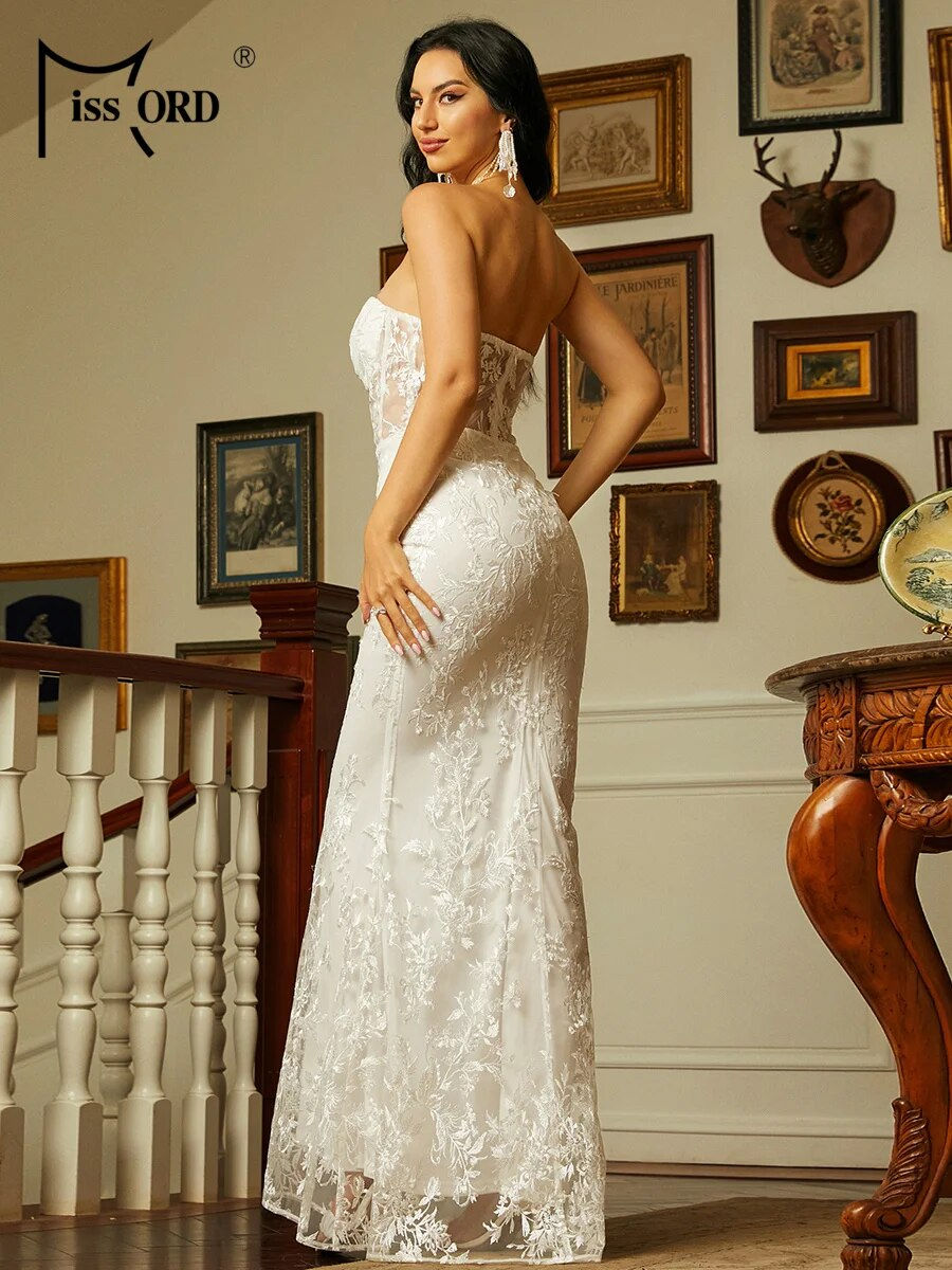 Thumbnail: Missord White Lace Wedding Dress Elegant Women Strapless See Throught Bodycon E