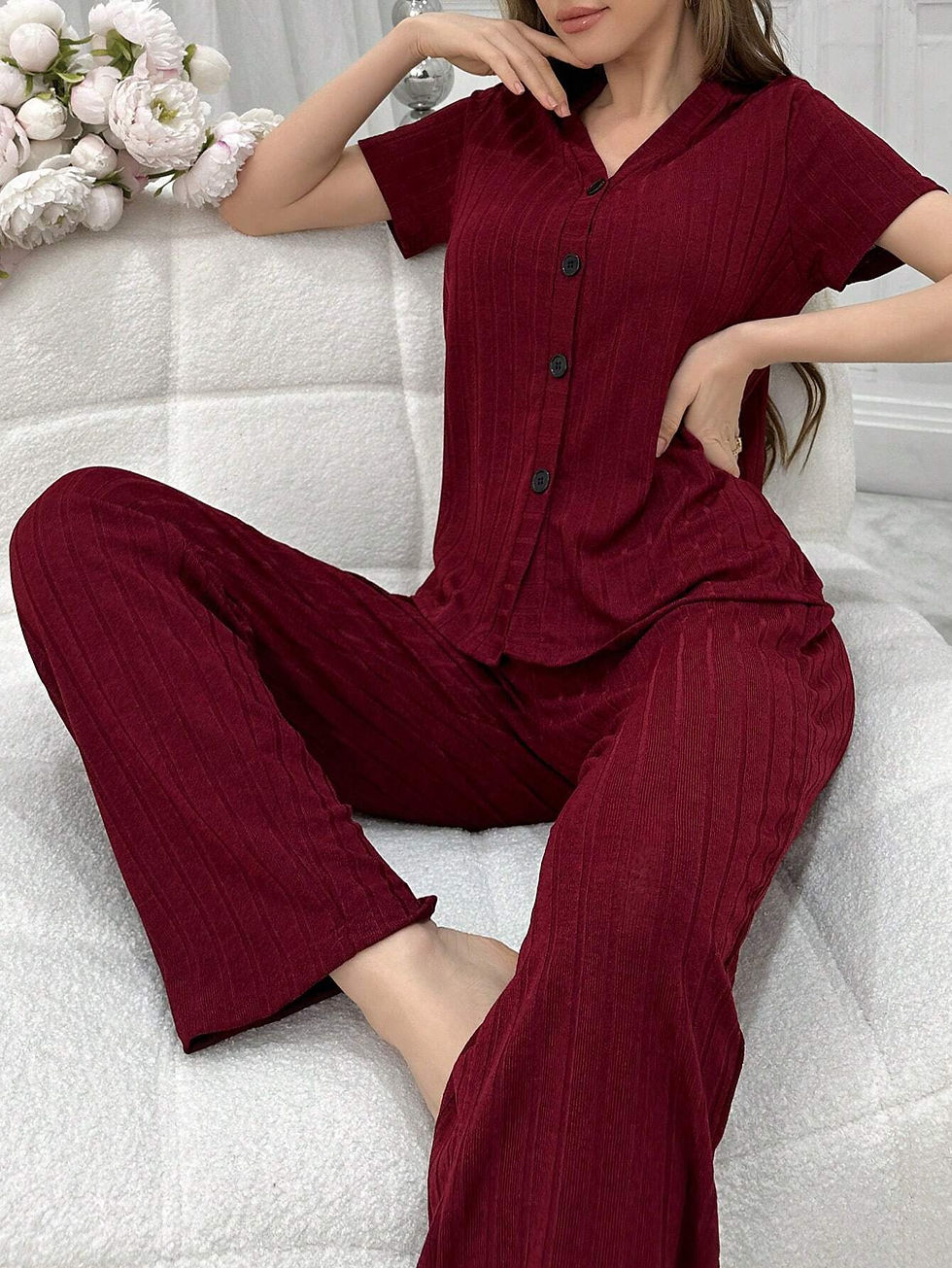 Thumbnail: Solid Color Short-Sleeve Open-Front And Long Pant Home Clothes Suit