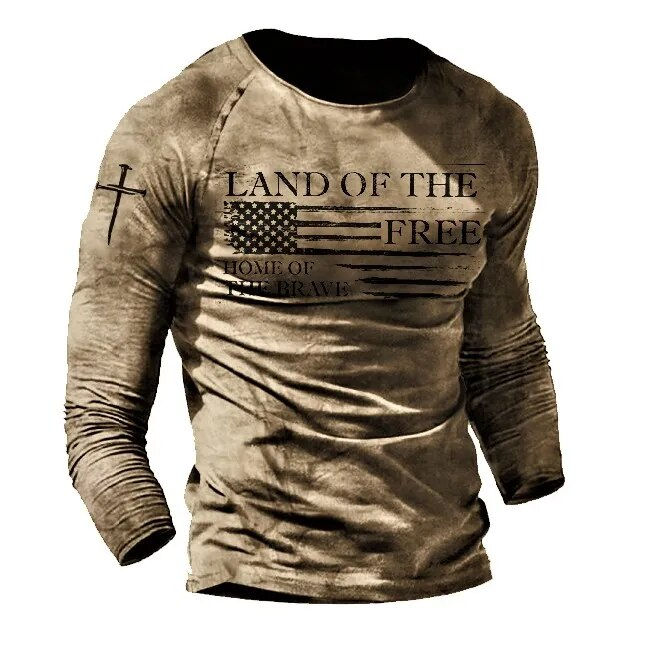 Thumbnail: Retro Flag And Letter Print Men's Long Sleeve Henley Shirt, Spring Fall, Creati