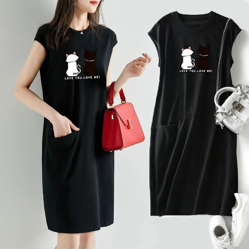 Miniatúra: Women Summer Kawaii Cat Print Dress Korean Fashion Aesthetic Clothes Casual Str
