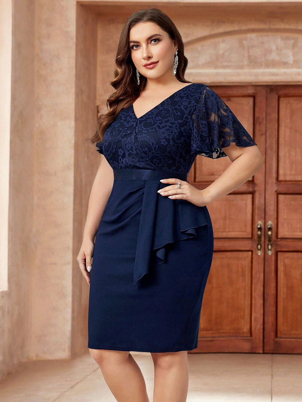 Thumbnail: Plus Floral Lace Flounce Sleeve Ruffle Trim Wrap Hem Bodycon Dress