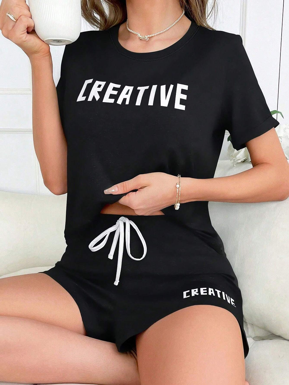 Thumbnail: Letter Graphic Tee & Tie Waist Shorts PJ Set / Pajama Set
