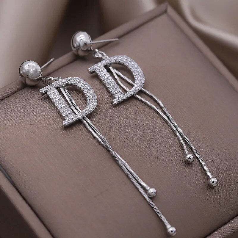 Thumbnail: South Korea New Design Fashion Jewelry Chain Tassel Letter D Square Zircon Earr